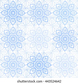 Knitted Snowflakes, winter background. Crochet lace of square elements with blue snowflakes and flowers, lace vector background.
