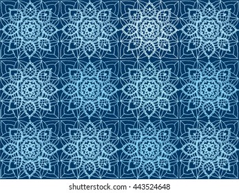 Knitted Snowflakes, winter background. Crochet lace of square elements with blue snowflakes and flowers, lace vector background.