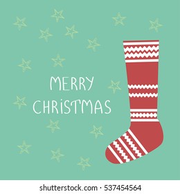 Knitted sock with Christmas pattern and stars. Winter accessories. Vector illustration.