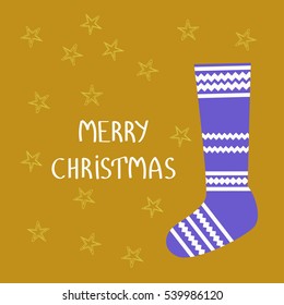 Knitted sock with Christmas pattern and stars. Winter accessories. Vector illustration