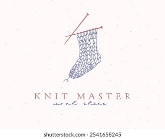 Knitted sock label with inscription wool store drawing on beige background