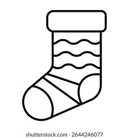 Ícone de linha fina de meia de malha, conceito de Natal feliz. Gráficos vetoriais. Saco de presente, meias de lã assinar no fundo branco, estilo móvel ou design