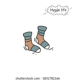 Knitted socks color icon. Coziness, hominess atmosphere in simple things. Hygge life. Cozy fashion autumn or winter footwear. Scandinavian stylish knitted clothing. Isolated vector illustration 