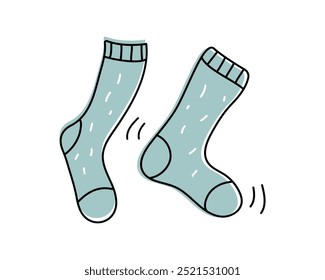 Knitted socks, cozy clothes. Cold season, autumn, winter. Drawing, doodle, sketch.