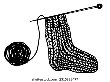 Knitted socks with knitting needles and Balls of yarn doodle vector illustration. Winter knitted clothes. Cozy New Year and winter outwear holiday symbols.