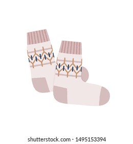 Knitted socks on white background. Cozy element. 