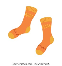Knitted socks with ornament hand drawn cartoon illustration. Flat style design, isolated vector. Kids autumn, fall print element, seasonal warm, cozy clothes, knitting, handicraft, knitwear