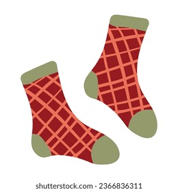 Knitted socks with ornament hand drawn cartoon illustration. Flat style design, isolated vector. Christmas socks, seasonal warm, cozy clothes, knitting, knitwear, handicraft.