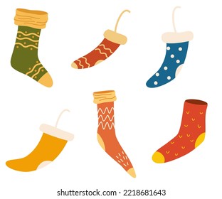 Knitted socks set. Christmas decor. Decor for home, interior, decorations and Christmas. Hand drawn illustration isolated on the white background