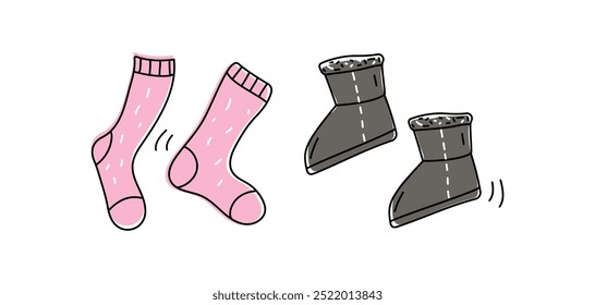 Knitted socks and warm shoes. Collection of cozy clothes and shoes. Cold season, autumn, winter. Drawing, doodle, sketch.