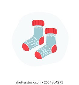 Knitted socks. Warm winter or autumn socks. Clothing, accessories. Cozy season. Christmas and New Year. Flat illustration on a white background.