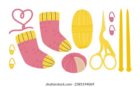 Knitted socks with yarn skeins, needles and crane shaped scissors for hand craft. Flat style illustration of knitting hobby