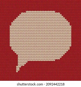 Knitted speech bubble blank on red background, Wool knitted texture, Knitting sweater design element vector illustration, place for text