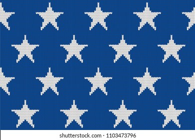 Knitted stars pattern. Blue and white knitted stars vector seamless pattern.