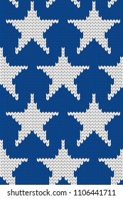 Knitted stars pattern. Blue and white knitted stars vector seamless pattern.