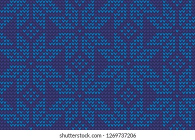 Knitted stars Scandinavian motif in cerulean, blue colours. Allover vector pattern for interior, wallpaper, fabric, textile, surface design. Nordic jumper knitwear with geometric snowflakes