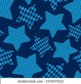 Knitted stars, seamless pattern, blue, vector. Effect of knitted fabric. Vintage decor. 
