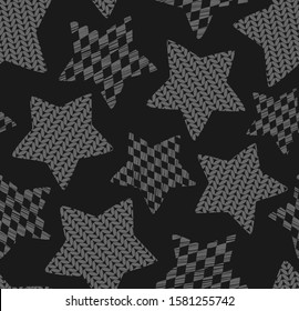 Knitted stars, seamless pattern, gray, vector. 