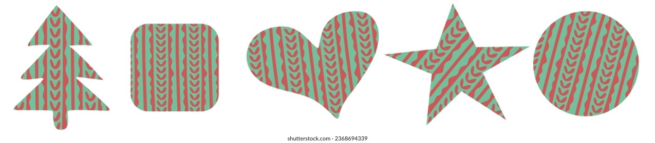 Knitted stickers. set Vector red and green knitted textile patchwork. Best for web, print and New Year element, Christmas decoration, Winter design element for Postcard, Card, Flyer.