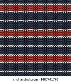 Knitted stripe pattern. Seamless knit texture in dark blue, bright red, and white for festive textile design.
