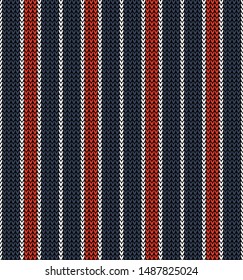 Knitted stripe pattern. Seamless vertical stripes knit background in dark blue, bright red, and white for modern textile or packaging design.