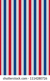 Knitted stripe pattern. USA Flag colors. Red, blue and white knitted stripe vector seamless pattern.