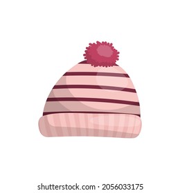 Knitted striped baby hat with red ponpon, winter warm clothes.