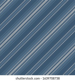 Knitted stripes pattern. Seamless diagonal lines knit texture in grey blue and white for modern Christmas and New Year jumper, socks, wrapping paper, or other modern winter fabric print.