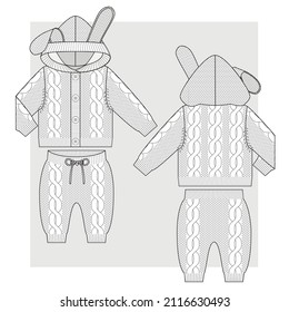 NEWBORN’s Knitted suit from jacket with hoodie with rabbit ears and pants with braids. Technical sketches for babys.