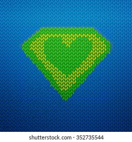 Knitted Superman Vector Illustrated Icon With Green Heart Shape. Pop-art Design. Hero Logo For Winter Background. With Love To Nature Emblem. Ecology Save Nature Concept. Creative Eco Background.