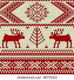 Knitted swatch with deers and snowflakes pattern