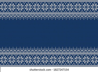 Fondo de suéter de punto con espacio de copia. Banner horizontal azul y blanco para diseño navideño o invernal. Patrones escandinavos tradicionales. Bordes abstractos y lugar de texto. Ilustración vectorial.