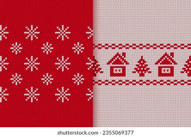 Knitted sweater background. Red and white christmas seamless pattern with hut, snowflakes, trees. Knit print with flowers and houses. Xmas geometric texture. Vector illustration