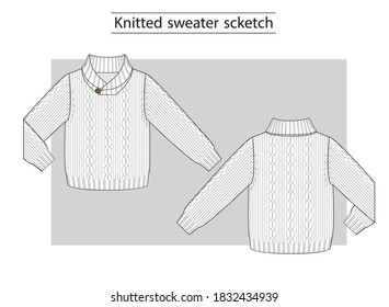 Knitted sweater with braids and shawl collar. Technical scketch.