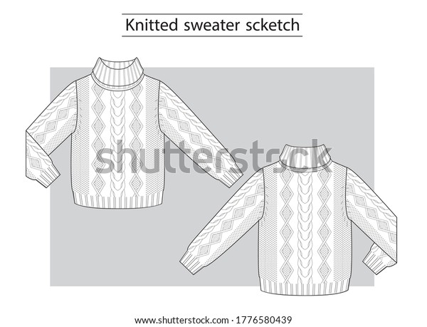 Knitted sweater\
with braids technical\
scketch.
