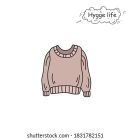 Knitted sweater color icon. Coziness, hominess atmosphere in simple things. Hygge life. Cozy fashion autumn or winter outerwear. Scandinavian stylish knitted clothing. Isolated vector illustration 