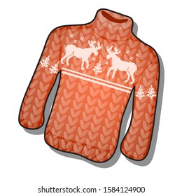 Knitted sweater with deer pattern isolated on a white background. Vector cartoon close-up illustration