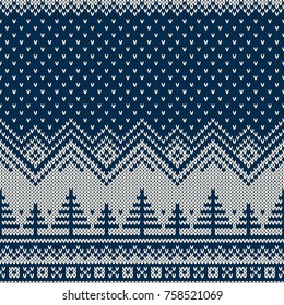 Knitted Sweater Design with Christmas Trees in Winter Night Landscape. Holiday Seamless Knit Pattern