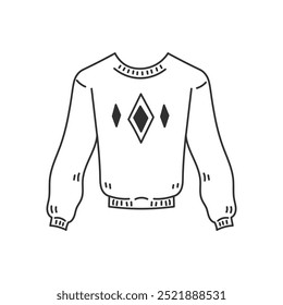 Knitted Sweater Doodle Icon. Hand drawn warm clothing for winter with minimal geometric print. Outline vector illustration