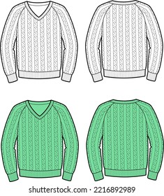 Knitted sweater flat sketch. Cable knit jumper apparel design. Front back. Men CAD mockup. Fashion technical drawing template. Vector illustration.