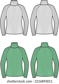 Knitted sweater flat sketch. Knit turtleneck apparel design. Front and back. Women CAD mockup. Technical drawing template. Vector illustration.