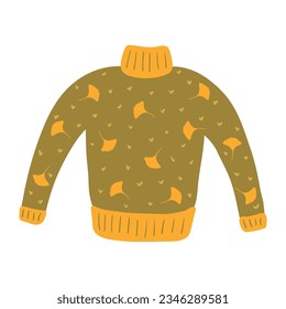 Knitted sweater with ginkgo leaves pattern hand drawn cartoon illustration. Flat style design, isolated vector. Kids autumn, fall print element, seasonal warm, cozy clothes, knitting, knitwear