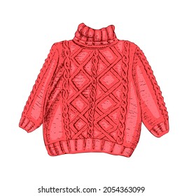 Ilustración vectorial de suéter de punto dibujada a mano. El sketch de pullover aislado en un fondo blanco. Ropa de moda de la temporada de otoño.  Dibujo de la mano de la pluma con tinta.