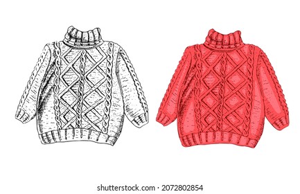 Knitted sweater hand-drawn vector illustration. The pullover sketch  isolated on a white background. Fashionable clothes of the autumn season.  Ink Pen Hand drawing.