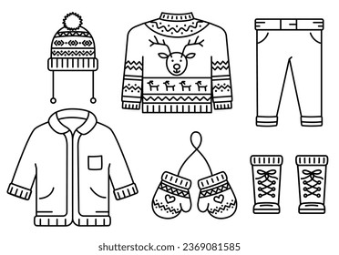 Pullover, Hut und Handschuhe, Jacke und Hose mit Stiefeln. Weihnachtswinterkleidung, Accessoires für Männer und Frauen auf weißem Hintergrund.