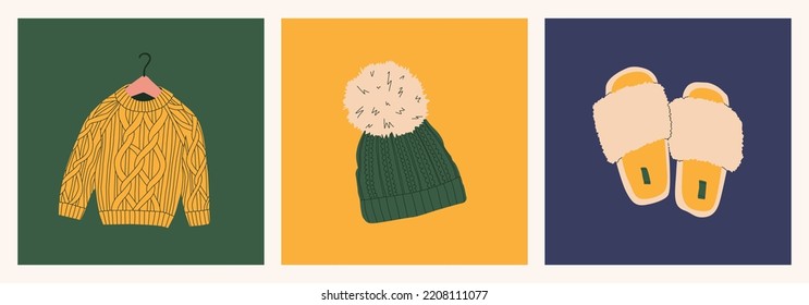 Knitted sweater, hat with pompom, cozy slippers. Set of autumn design elements. Vector flat isolated illustrations.