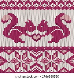 Knitted sweater pattern with cute squirrels holding a heart. Seamless pattern, knitted look.