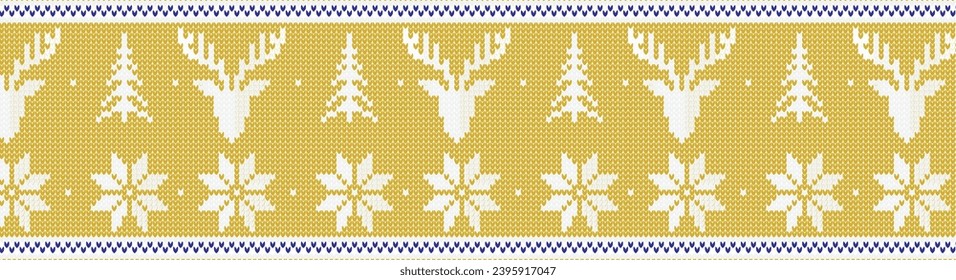 knitted sweater patterns. Christmas's sweater textures with reindeer, tree and snowflakes. Xmas festive holiday background. yellow knitted print. geometric wool pullover vector illustration.  