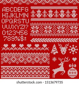 Knitted sweater patterns, elements and alphabet for Christmas, New Year or winter design. Vector set of scandinavian ornaments, letters and holiday symbols: reindeer, snowflake, Christmas tree, etc.