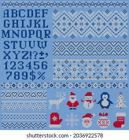 Knitted sweater patterns, elements and alphabet for Christmas,  New Year or winter design. Vector set. Scandinavian seamless ornaments, letters, Santa, snowflake, Christmas tree, deer, snowman, etc.